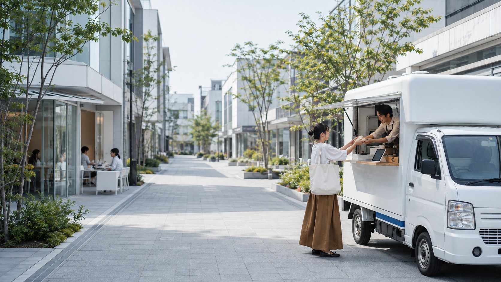 街の奥へ続く道と、白いキッチンカーで料理を手渡す店主